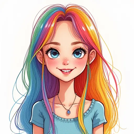 A girl with rainbow-colored hair, sketched in playful, bright pencil strokes with a fun vibe.