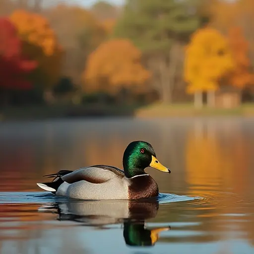 A duck gliding peacefully across a serene lake surrounded by trees with vibrant autumn foliage, the water reflecting the warm hues of the fall leaves.