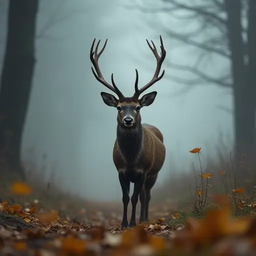 A deer standing silently in a foggy forest, its antlers covered with droplets of dew as mist swirls around it and golden autumn leaves drift to the ground.