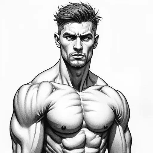 A muscular man with short hair, sketched with fine lines and shaded with darker tones for a strong, intense look.