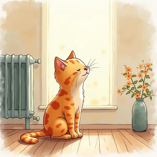 Watercolor style of A cat standing in front of a heater, enjoying the warm breeze.