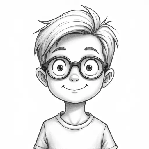 A boy with glasses and a relaxed expression, drawn in simple, clean lines with soft pencil shading.