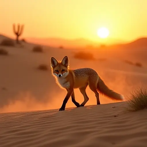 A desert fox walking across the sandy dunes at sunset, its orange fur glowing faintly under the golden light, with scattered cacti in the background.