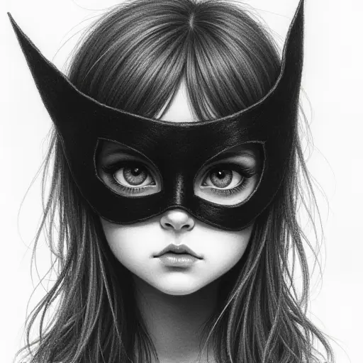 A girl wearing a mask with bold eyes, sketched in dramatic pencil strokes and shading to create a mysterious aura.