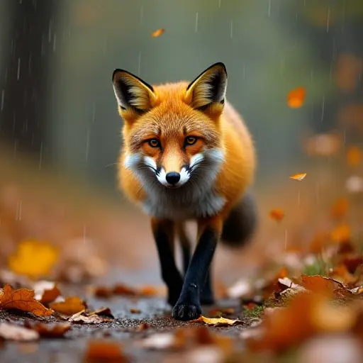 A fox walking through the autumn rain, with leaves drifting around it, its fur damp but vibrant, and the forest floor covered in golden and amber leaves.