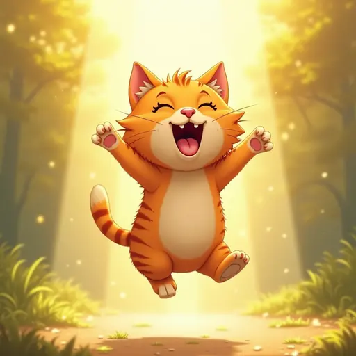 A cat jumping in the sunlight, its wet fur looking particularly joyful, using cartoon style.