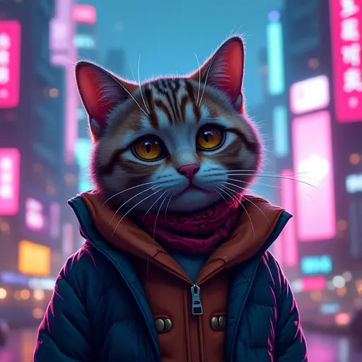 A cat avatar with a background of futuristic cityscapes, illuminated by neon lights and digital billboards.