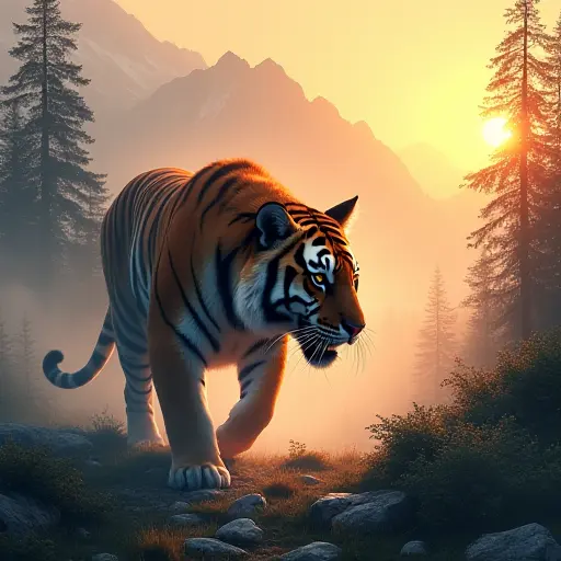 A tiger with mountain peaks and dense forests embedded in its fur, prowling through a misty valley at sunrise.