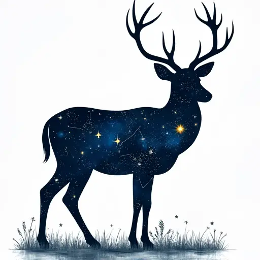 A deer silhouette filled with a starry sky pattern, showcasing constellations and a glowing celestial design.