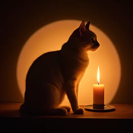 A cat sitting in a circle of flickering candlelight, with its silhouette softly illuminated by the warm glow.