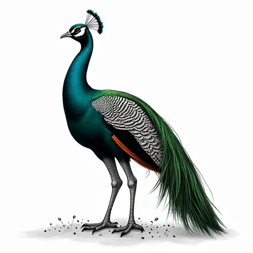 clean black and white hand-drawn outlines of Green Peafowl