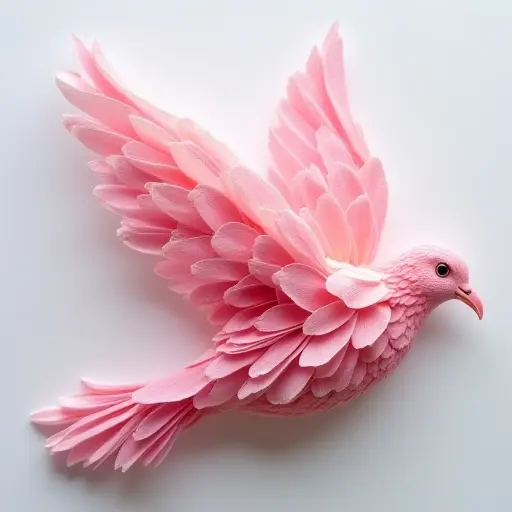 A dove made entirely of rose petals, with soft, pastel pinks blending together to form the delicate feathers.