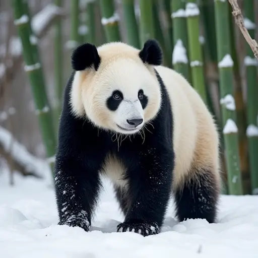 A panda in a snow-covered bamboo grove, its black and white fur contrasting beautifully with the pristine white landscape and frosted green stalks.