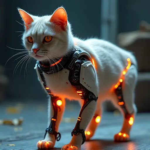 A cat avatar with mechanical limbs and cybernetic enhancements, its body glowing with energy lines and tech details.