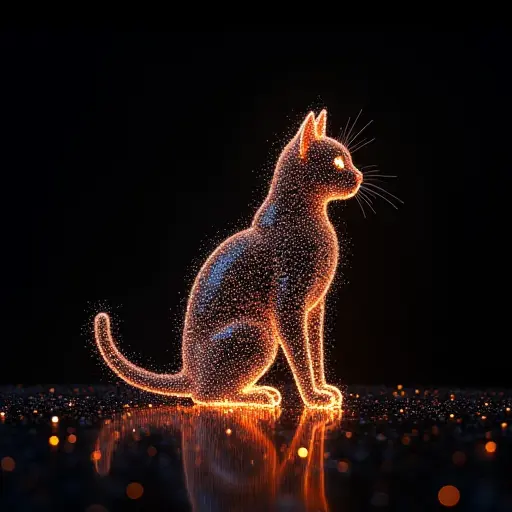 A cat formed by a series of glowing data points, creating a dot-matrix effect, with each point shifting dynamically.