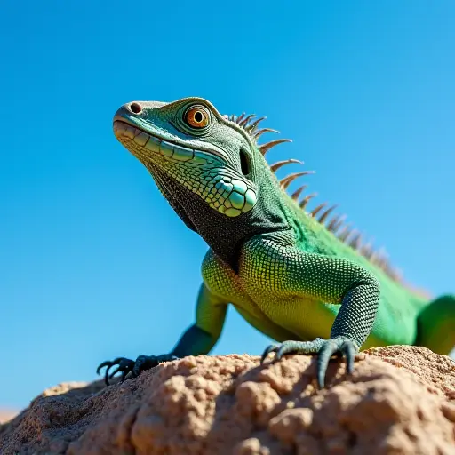 A lizard basking on a rock under a bright blue sky, its vibrant green and blue scales shimmering as it soaks up the warmth.