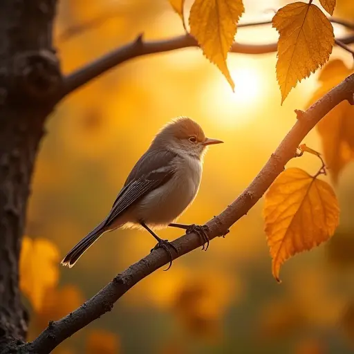 A small bird perched on a tree branch, surrounded by golden autumn leaves, as the warm rays of the setting sun shine through the leaves, casting a golden glow over everything.