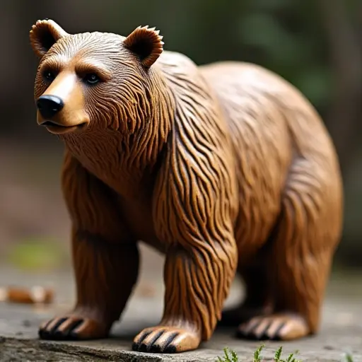 A bear carved from wood, showcasing intricate details and natural textures, giving it a lifelike appearance.