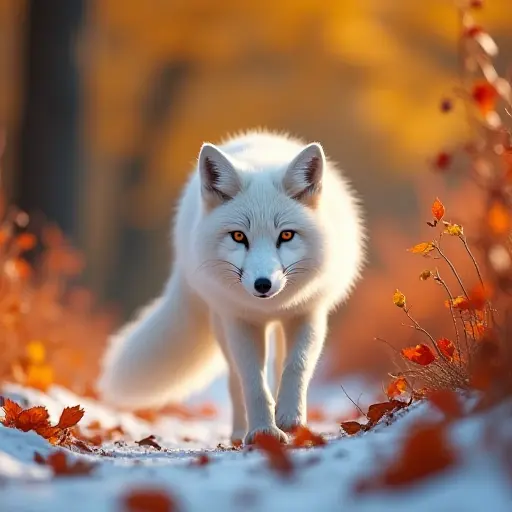 A snowy fox walking through an autumn forest, its white fur contrasting with the colorful leaves, while the golden and red foliage swirls around it in the cool, crisp autumn air.