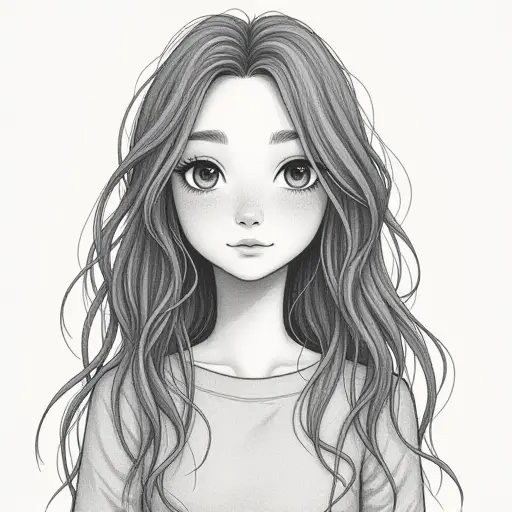 A girl with wavy hair and a relaxed expression, drawn with soft pencil strokes in a retro film style.