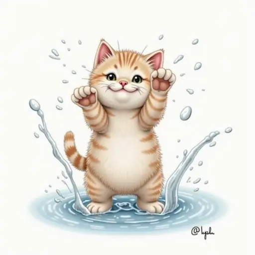 colored pencil drawing of A british shorthair playfully splashing water with its paws, showing a mischievous expression.