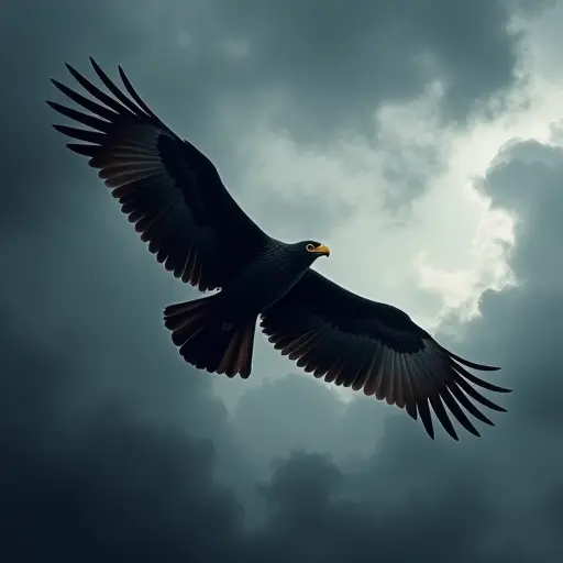 A black-feathered eagle soaring through a stormy sky, with the dark clouds swirling around it, its wings cutting through the wind with grace.