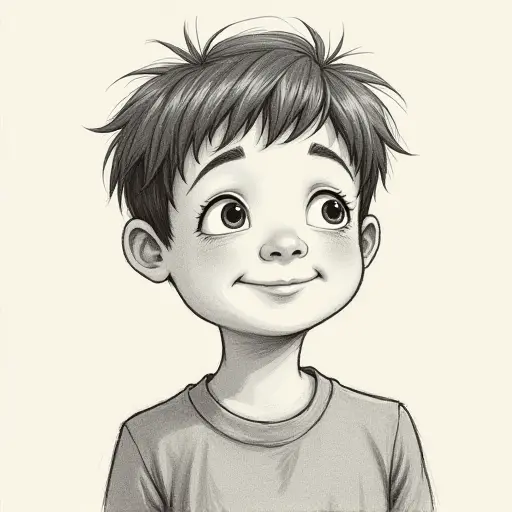 A boy with short hair and a carefree expression, sketched in a vintage film style with soft pencil strokes.