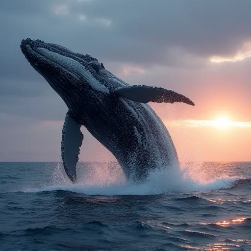 A giant whale breaching out of a glowing silver ocean under a twilight sky, its body shimmering as droplets create an ethereal halo around it.