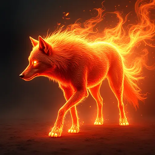 A wolf formed from flowing flames, with vivid red, orange, and yellow hues creating a dynamic and fierce look.