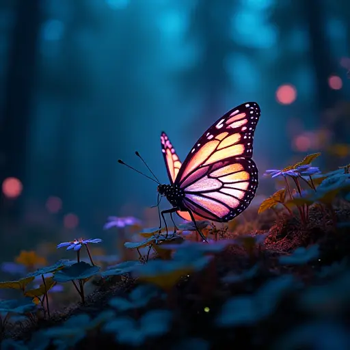 A butterfly with glowing, iridescent wings, fluttering in a dark, futuristic forest lit by bioluminescent plants.