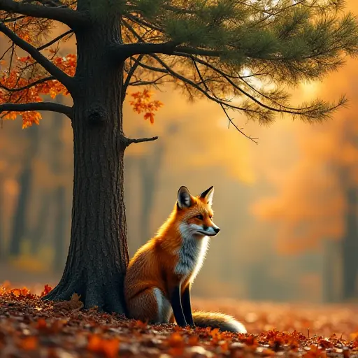 A fox sitting beneath a tall pine tree in the midst of an autumn forest, the ground covered in a layer of fallen leaves, as the pine needles create a soft contrast against the vibrant colors of the surrounding autumn leaves.