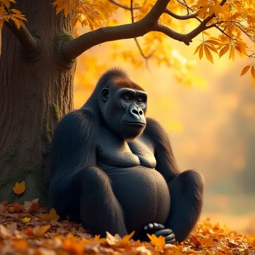 A gorilla sitting calmly under a tree with golden autumn leaves falling softly around it, as a cool autumn breeze stirs the leaves on the forest floor.