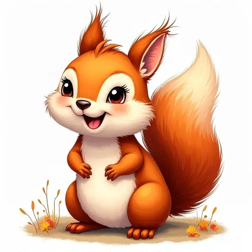 A smiling squirrel with fluffy fur, drawn in a detailed sketch with warm, autumn colors.