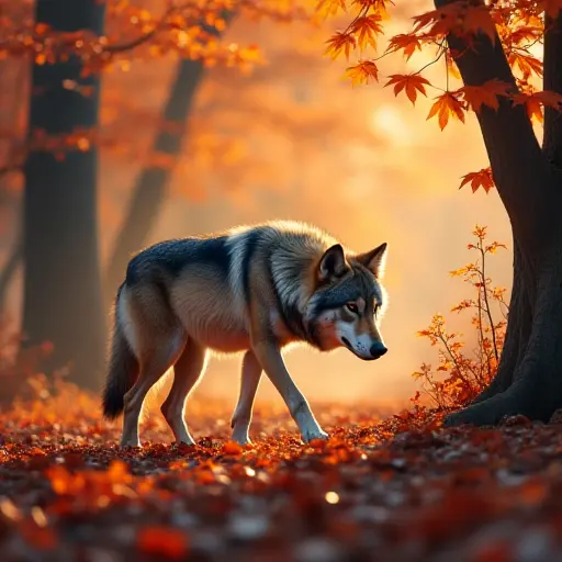 A lone wolf prowling through an autumn forest, with crisp leaves crunching underfoot and the orange and red foliage painting the landscape in warm hues.