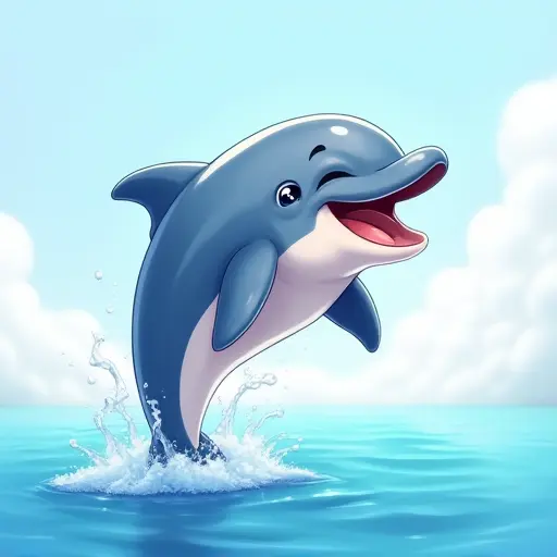 Playful dolphin jumping out of the water, with a smiling face and shiny skin.