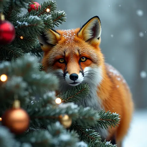 A curious fox peeking out from behind a beautifully decorated Christmas tree, with colorful ornaments and lights reflecting the holiday cheer, surrounded by snow-covered branches.