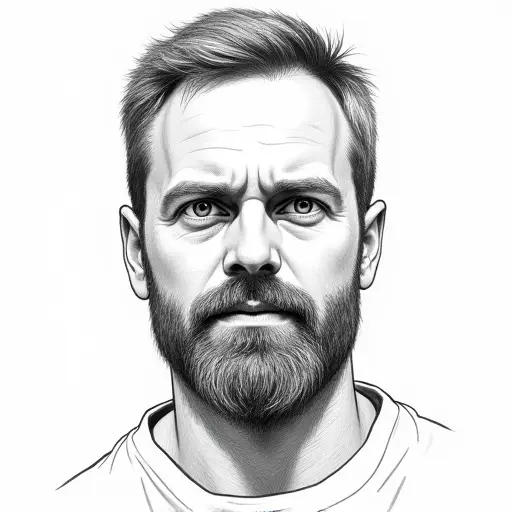 A man with short hair and a thick beard, drawn in a realistic pencil style with bold lines.