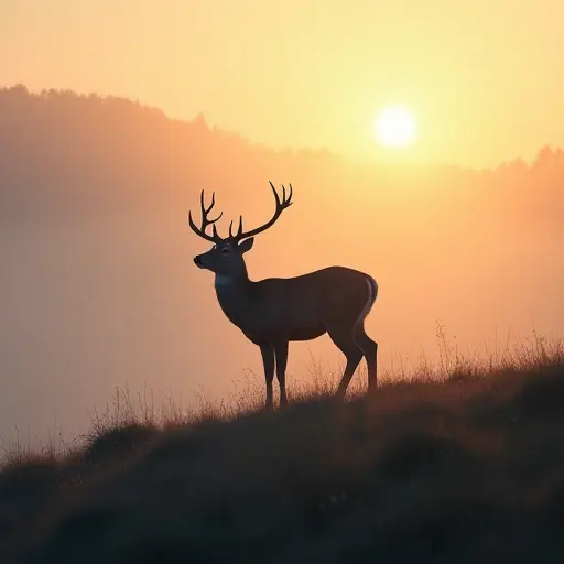 A deer standing atop a misty hill, with its majestic antlers catching the first rays of morning light breaking through the fog.