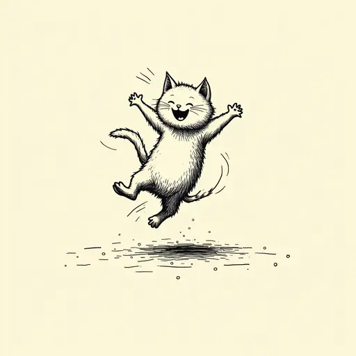 A cat jumping in the sunlight, its wet fur looking particularly joyful, Ink Drawing.