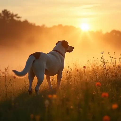 A dog walking through a misty meadow at dawn, with golden rays of sunlight streaming through the haze, illuminating wildflowers and grasses.