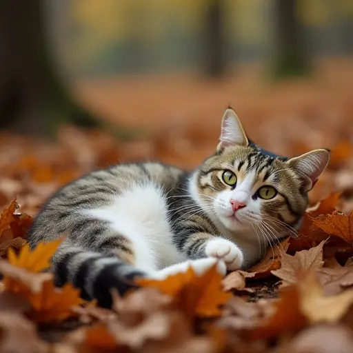 A cat lounging in a pile of dry autumn leaves, its tail flicking lazily as the leaves rustle beneath it and the cool autumn air sweeps through the forest, bringing a refreshing change.