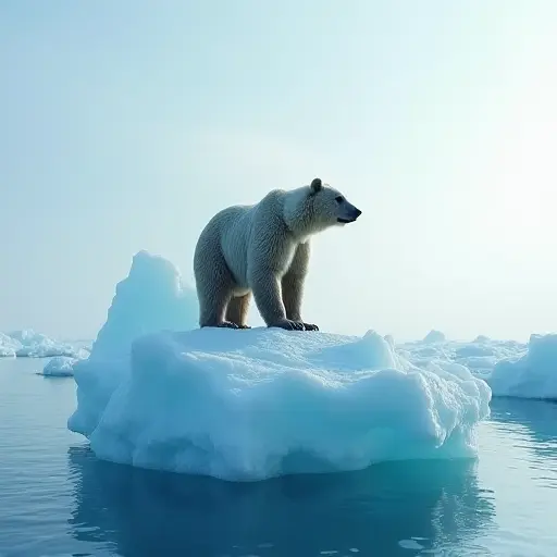 A bear standing atop a floating iceberg, with its fur catching the cold blue glow of the surrounding ice and the pale Arctic sky.