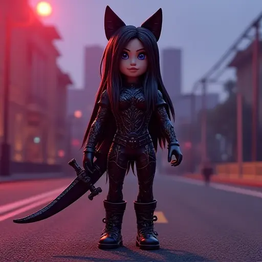 Looking for a Roblox avatar with dark, cool vibes? This free downloadable Catwoman avatar is designed with an all-black warrior outfit and a sword, perfect for portraying a strong, fierce personality. The cat ears and intense gaze exude a sense of mystery and power, ideal for players who love bold, cool characters. If you're in search of a unique and battle-ready avatar, this 3D dark-themed Catwoman avatar is perfect for you. Free to download, get this cool Catwoman avatar now and showcase your dark warrior side!