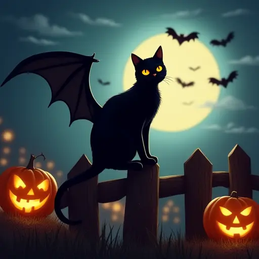 A spooky black cat perched on a fence, with bat wings flapping in the background, surrounded by glowing jack-o'-lanterns and a full moon illuminating the night sky.