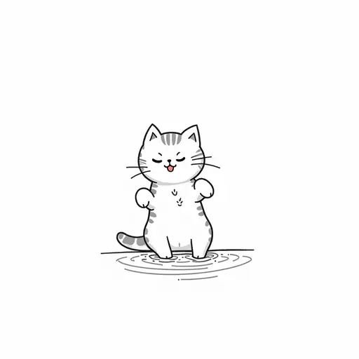 black and white simple line drawingclean hand-drawn outlines of A american shorthair playfully splashing water with its paws, showing a mischievous expression.