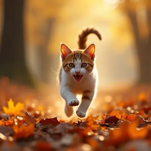 A playful cat running through a pile of fallen leaves in an autumn forest, its tail flicking joyfully as the crisp leaves crunch under its paws, the sun casting soft, warm rays through the trees.