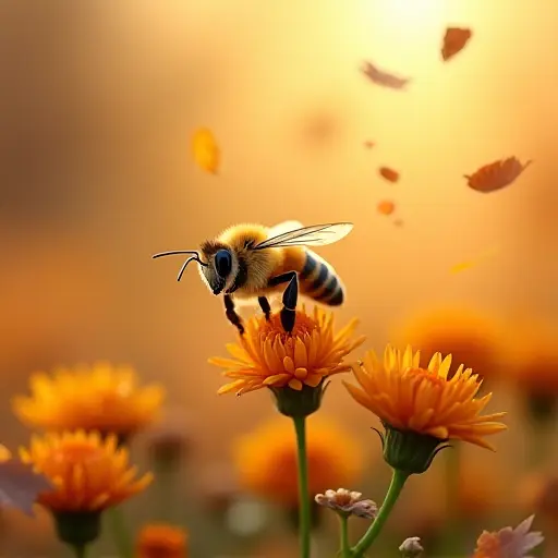 A bee buzzing gently through a field of blooming autumn flowers, with fallen leaves swirling around it, creating a warm and serene autumn scene.