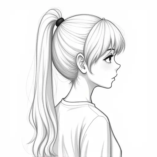 A girl with long hair in a ponytail, drawn in simple, soft pencil strokes with light shading.