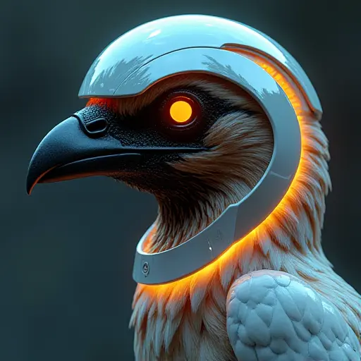 A bird with a sleek 3D-printed helmet made of reflective material, with neon-lit details and futuristic design.