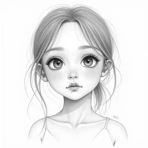 A girl with a round face and soft features, drawn with delicate pencil strokes and light shading.